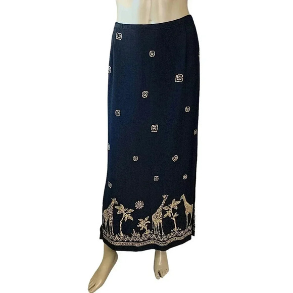 Alfred Dunner Vintage Pull On Maxi Pencil Skirt Size 16 Black Gold Safari Print - Picture 1 of 15
